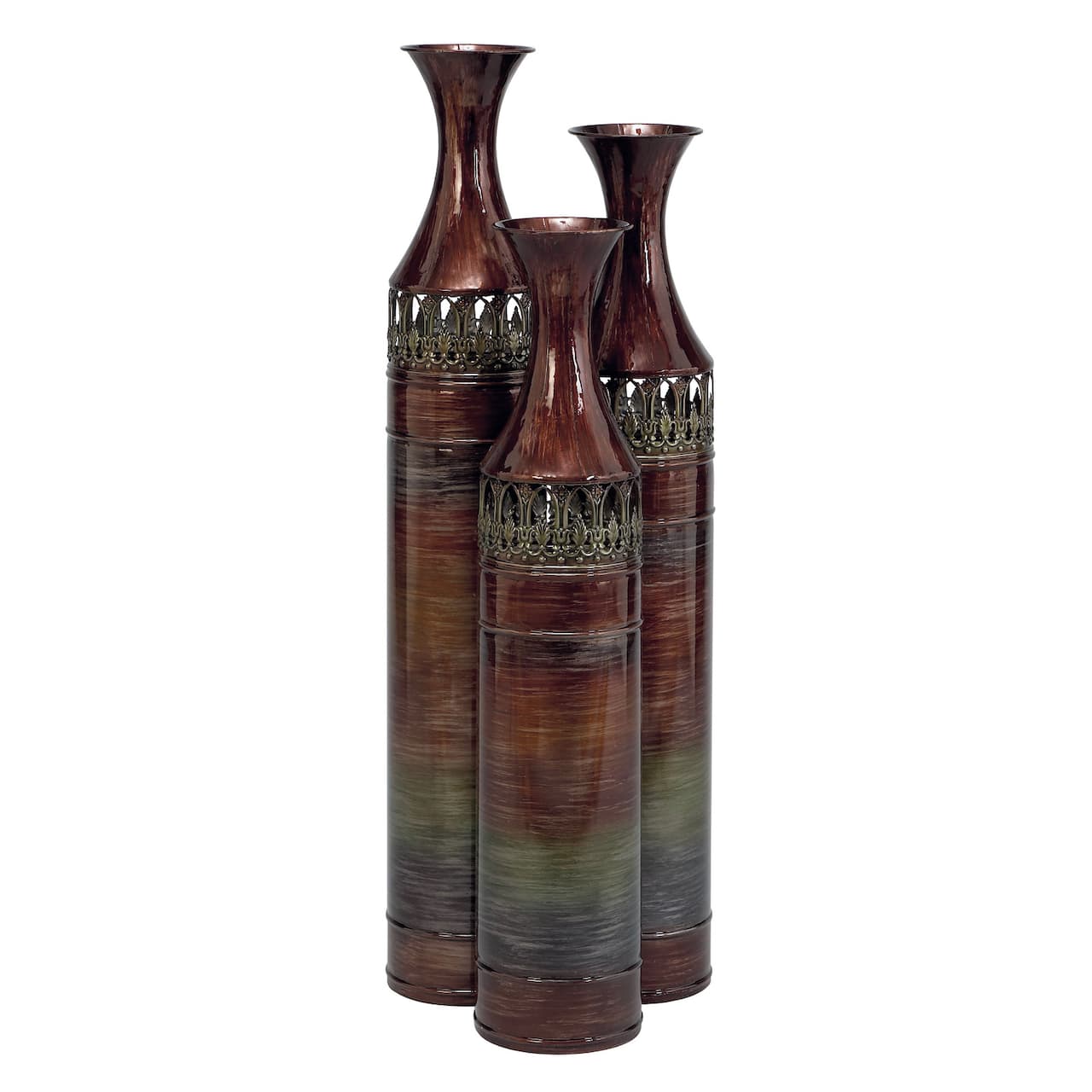 Set of 3 Brown Metal Traditional Vase, 34&#x22;, 31&#x22;, 28&#x22;